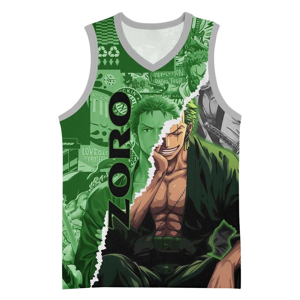 Zoro One Piece Green Theme Basketball Jersey with Manga Collage and Dual Portrait Swordmaster Design - The Mazicc