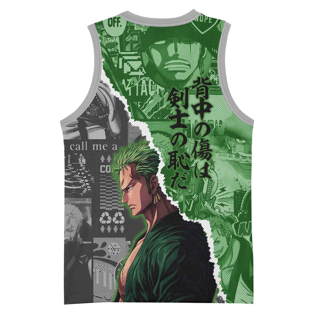 Zoro One Piece Green Theme Basketball Jersey with Manga Collage and Dual Portrait Swordmaster Design - The Mazicc