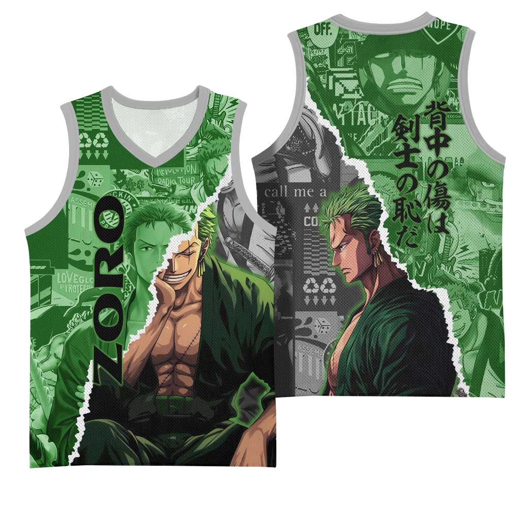 Zoro One Piece Green Theme Basketball Jersey with Manga Collage and Dual Portrait Swordmaster Design - The Mazicc