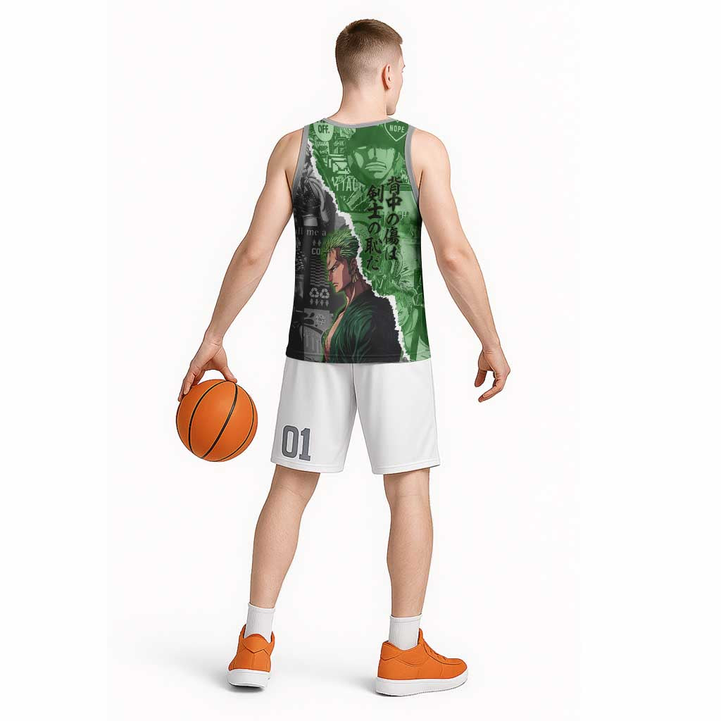 Zoro One Piece Green Theme Basketball Jersey with Manga Collage and Dual Portrait Swordmaster Design - The Mazicc