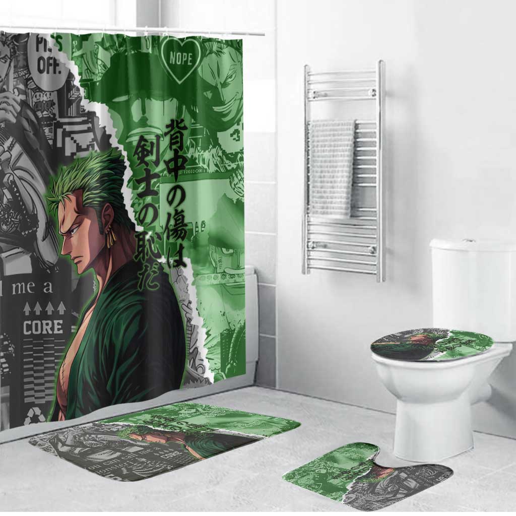 Zoro One Piece Green Theme Bathroom Set with Manga Collage and Dual Portrait Swordmaster Design - The Mazicc