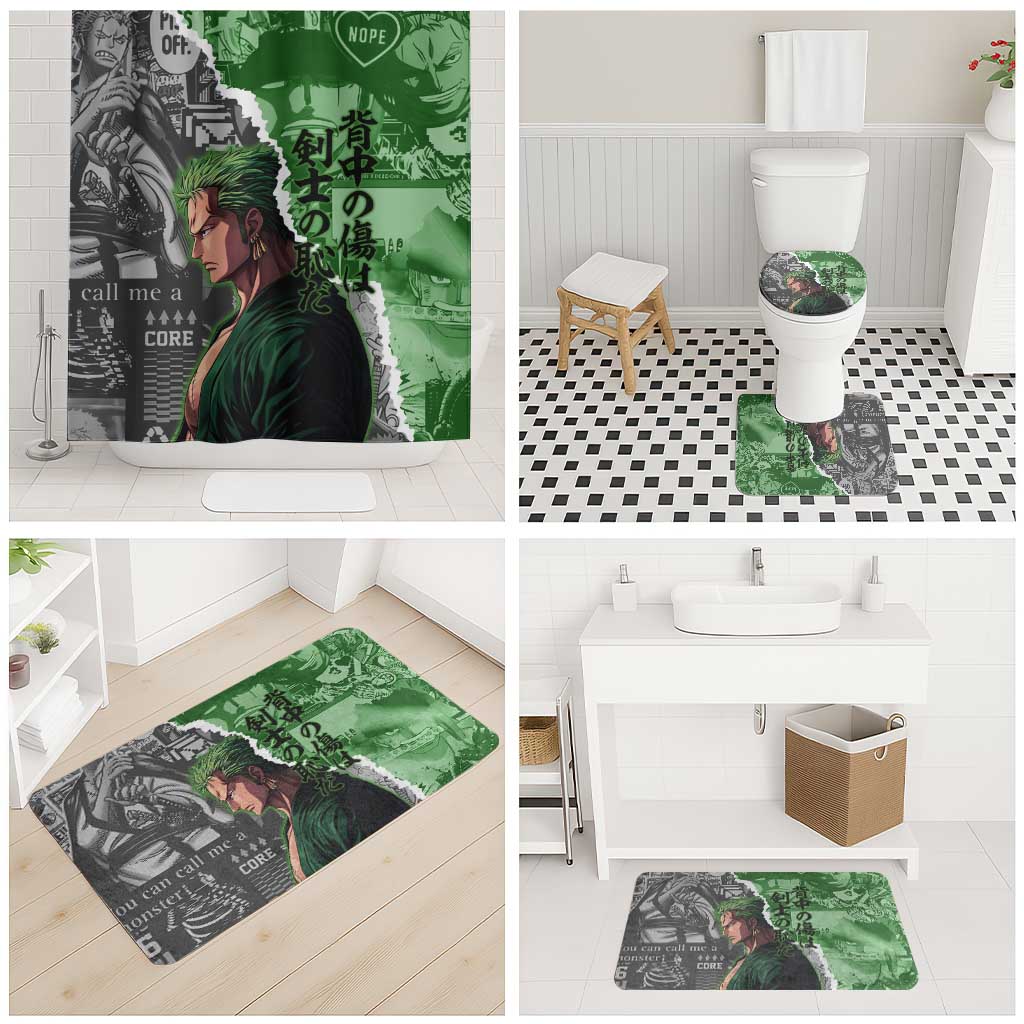 Zoro One Piece Green Theme Bathroom Set with Manga Collage and Dual Portrait Swordmaster Design - The Mazicc