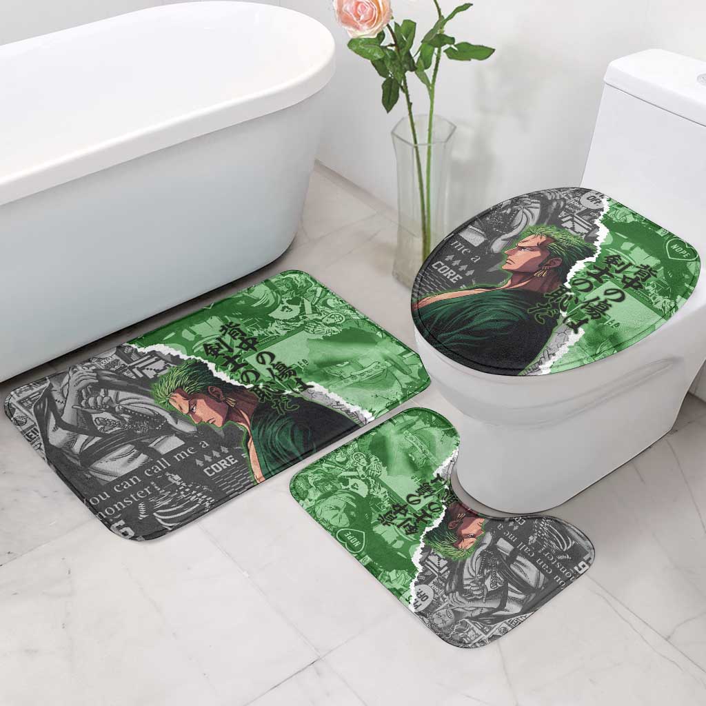 Zoro One Piece Green Theme Bathroom Set with Manga Collage and Dual Portrait Swordmaster Design - The Mazicc