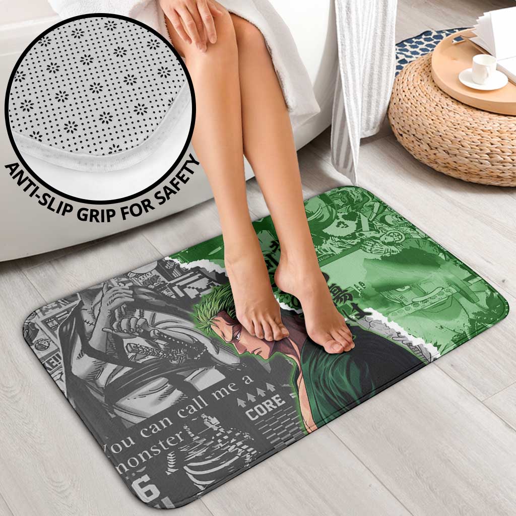 Zoro One Piece Green Theme Bathroom Set with Manga Collage and Dual Portrait Swordmaster Design - The Mazicc