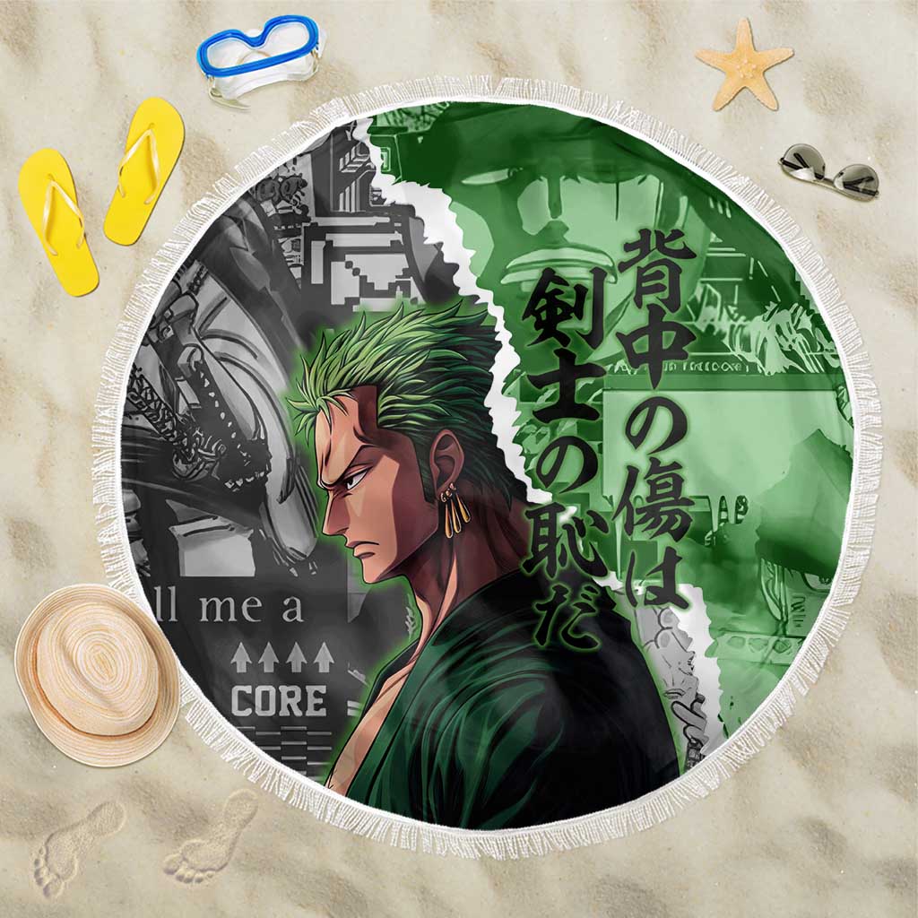 Zoro One Piece Green Theme Beach Blanket with Manga Collage and Dual Portrait Swordmaster Design - The Mazicc