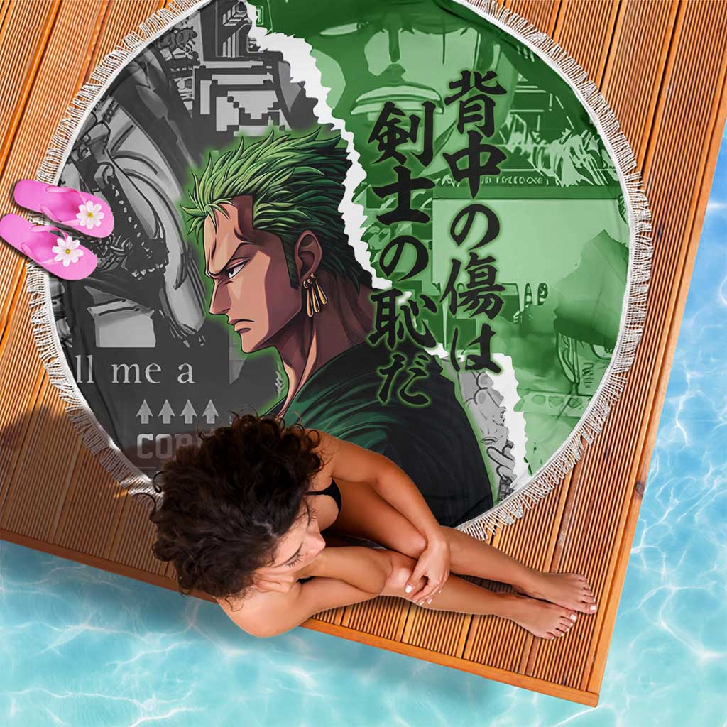 Zoro One Piece Green Theme Beach Blanket with Manga Collage and Dual Portrait Swordmaster Design - The Mazicc