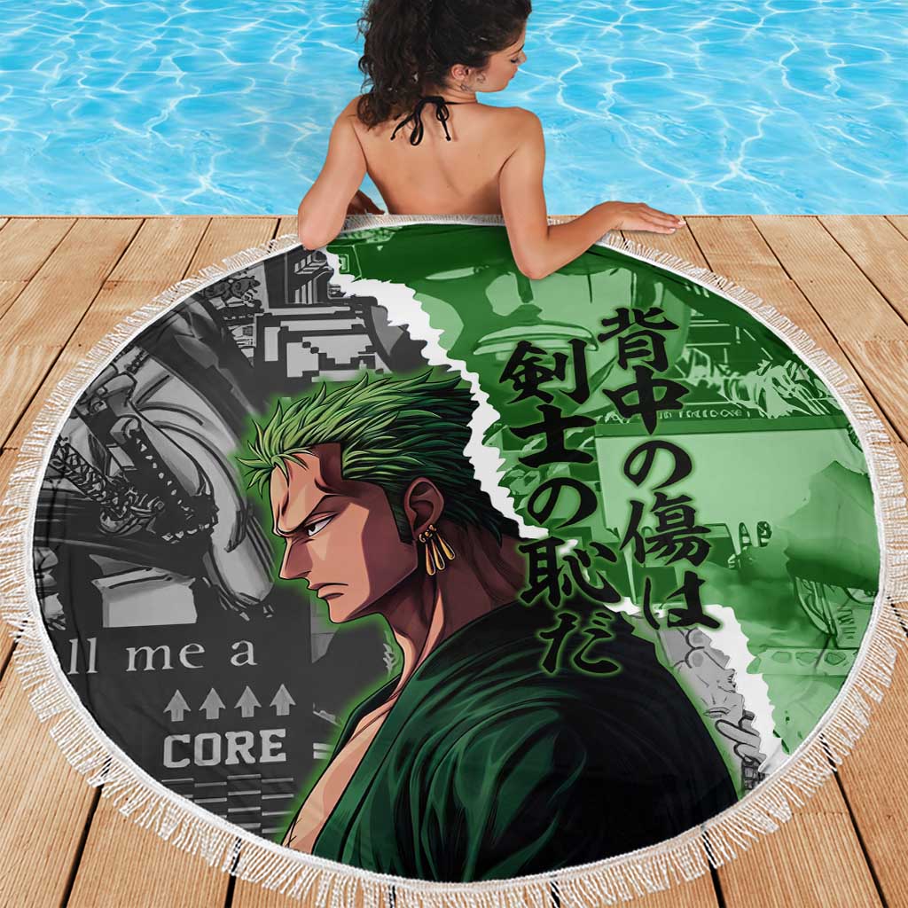 Zoro One Piece Green Theme Beach Blanket with Manga Collage and Dual Portrait Swordmaster Design - The Mazicc