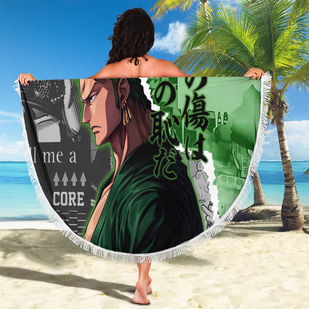 Zoro One Piece Green Theme Beach Blanket with Manga Collage and Dual Portrait Swordmaster Design - The Mazicc