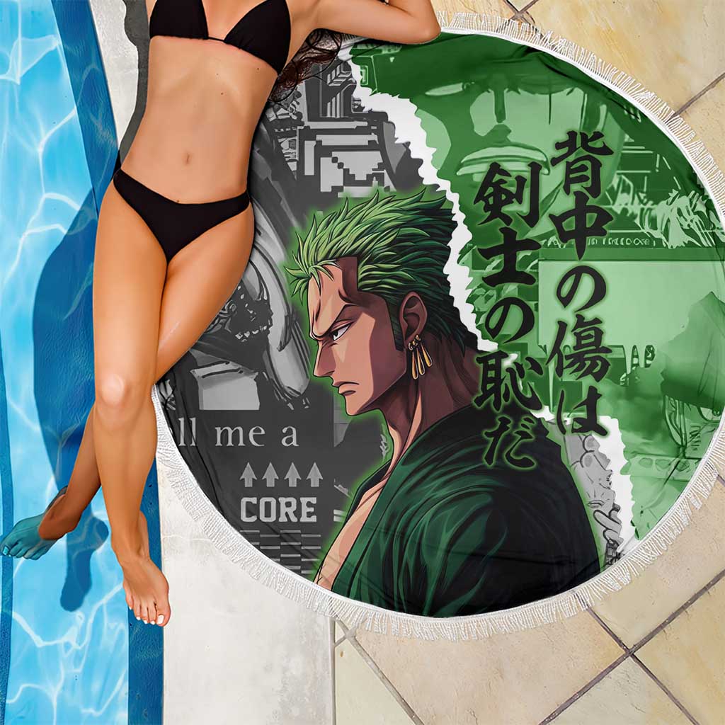 Zoro One Piece Green Theme Beach Blanket with Manga Collage and Dual Portrait Swordmaster Design - The Mazicc