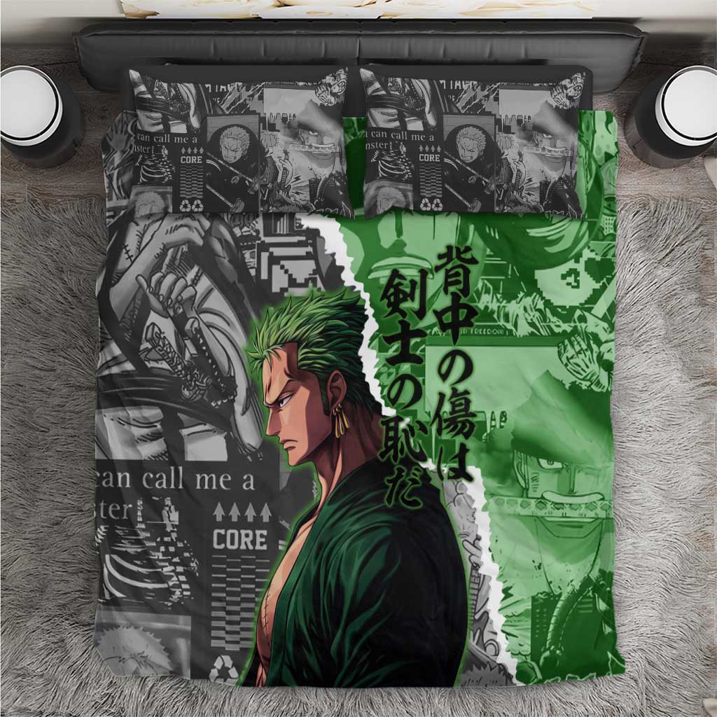 Zoro One Piece Green Theme Bedding Set with Manga Collage and Dual Portrait Swordmaster Design - The Mazicc