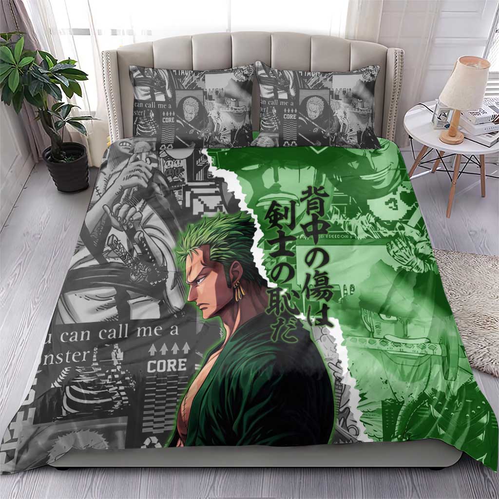 Zoro One Piece Green Theme Bedding Set with Manga Collage and Dual Portrait Swordmaster Design - The Mazicc