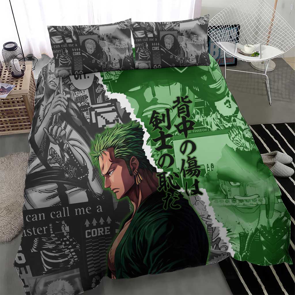 Zoro One Piece Green Theme Bedding Set with Manga Collage and Dual Portrait Swordmaster Design - The Mazicc