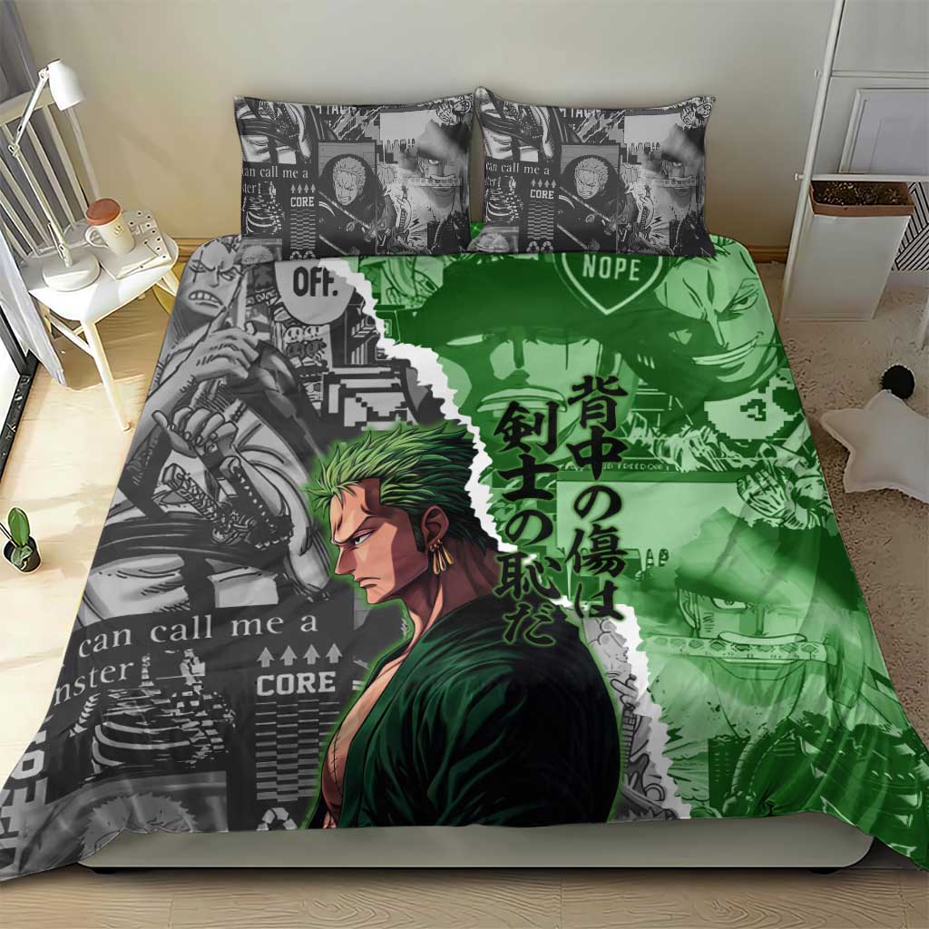 Zoro One Piece Green Theme Bedding Set with Manga Collage and Dual Portrait Swordmaster Design - The Mazicc