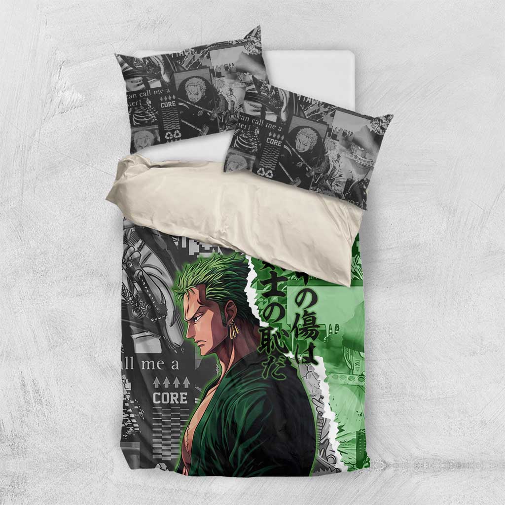 Zoro One Piece Green Theme Bedding Set with Manga Collage and Dual Portrait Swordmaster Design - The Mazicc