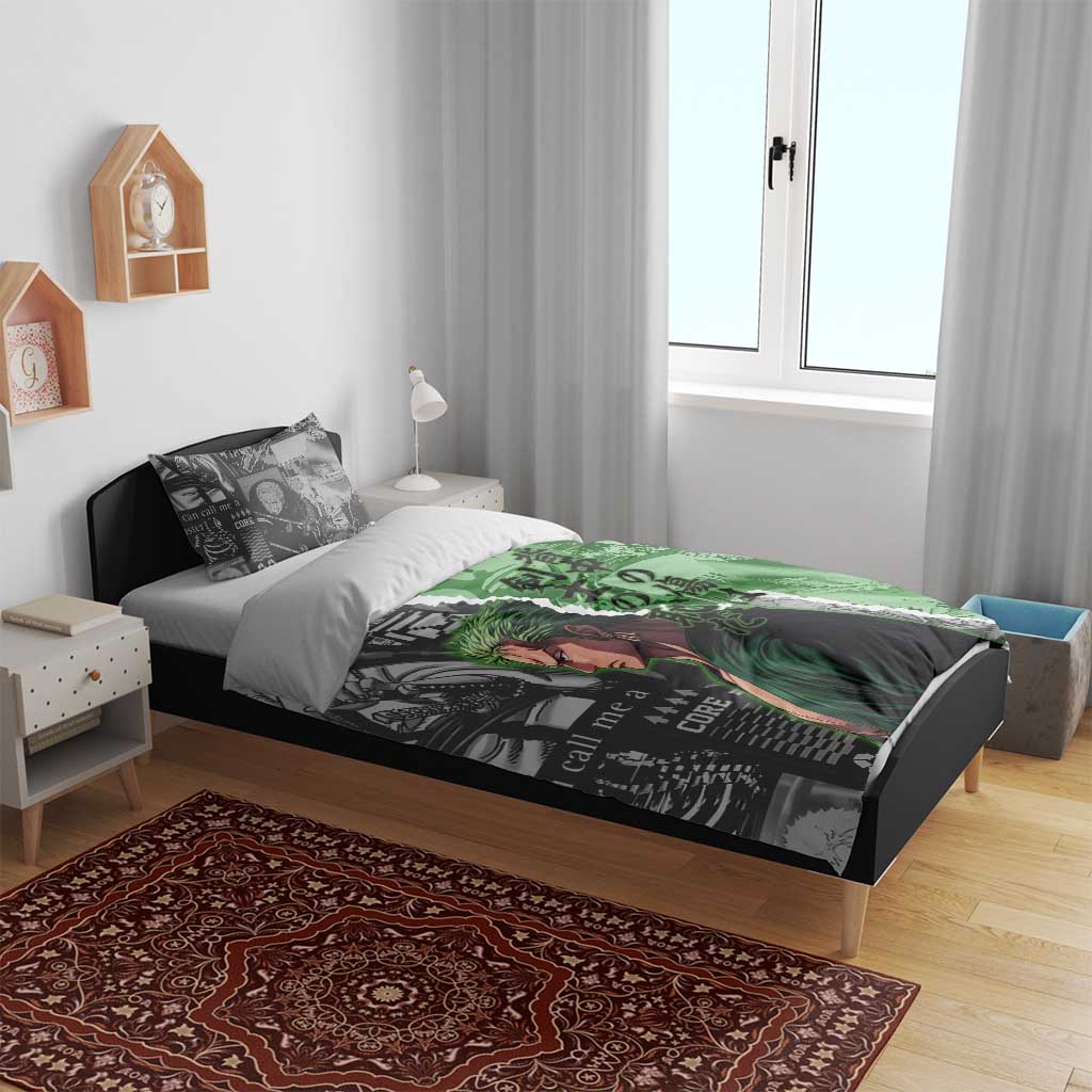 Zoro One Piece Green Theme Bedding Set with Manga Collage and Dual Portrait Swordmaster Design - The Mazicc
