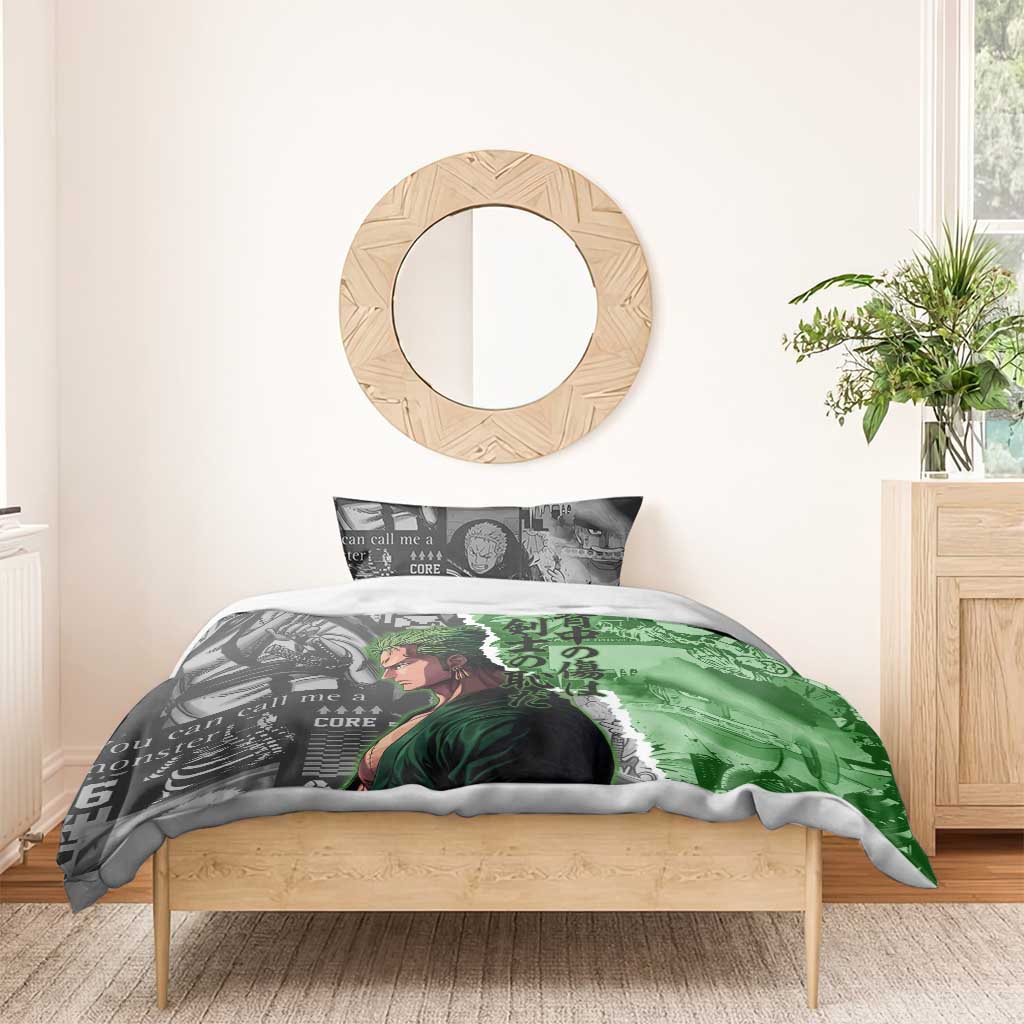Zoro One Piece Green Theme Bedding Set with Manga Collage and Dual Portrait Swordmaster Design - The Mazicc