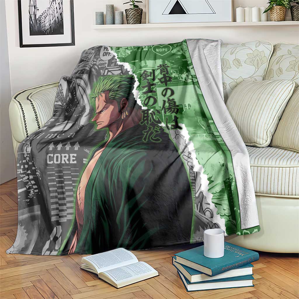 Zoro One Piece Green Theme Blanket with Manga Collage and Dual Portrait Swordmaster Design - The Mazicc