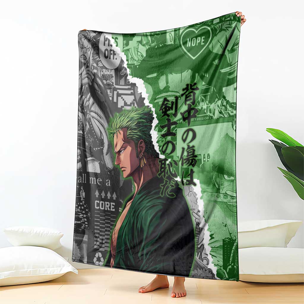Zoro One Piece Green Theme Blanket with Manga Collage and Dual Portrait Swordmaster Design - The Mazicc