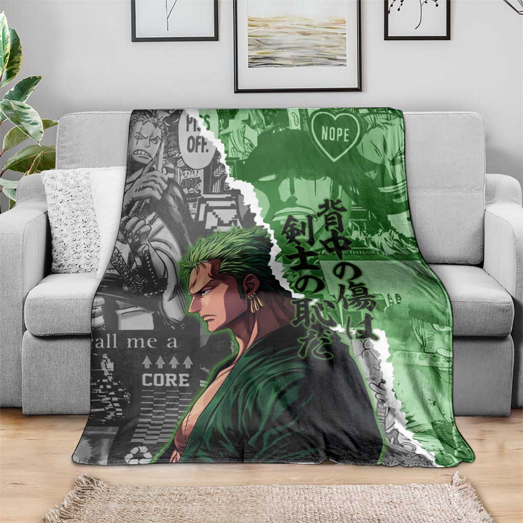 Zoro One Piece Green Theme Blanket with Manga Collage and Dual Portrait Swordmaster Design - The Mazicc
