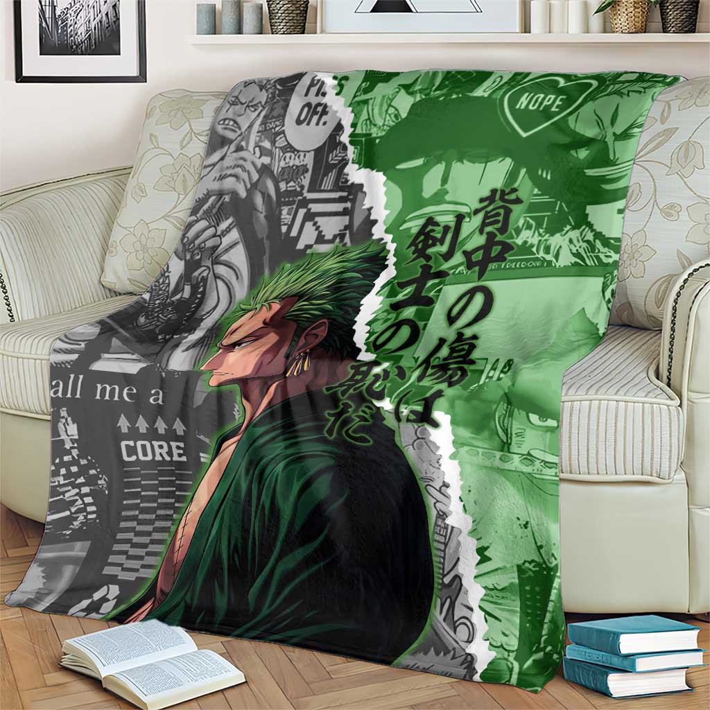 Zoro One Piece Green Theme Blanket with Manga Collage and Dual Portrait Swordmaster Design - The Mazicc