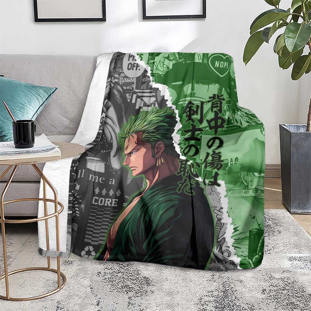 Zoro One Piece Green Theme Blanket with Manga Collage and Dual Portrait Swordmaster Design - The Mazicc