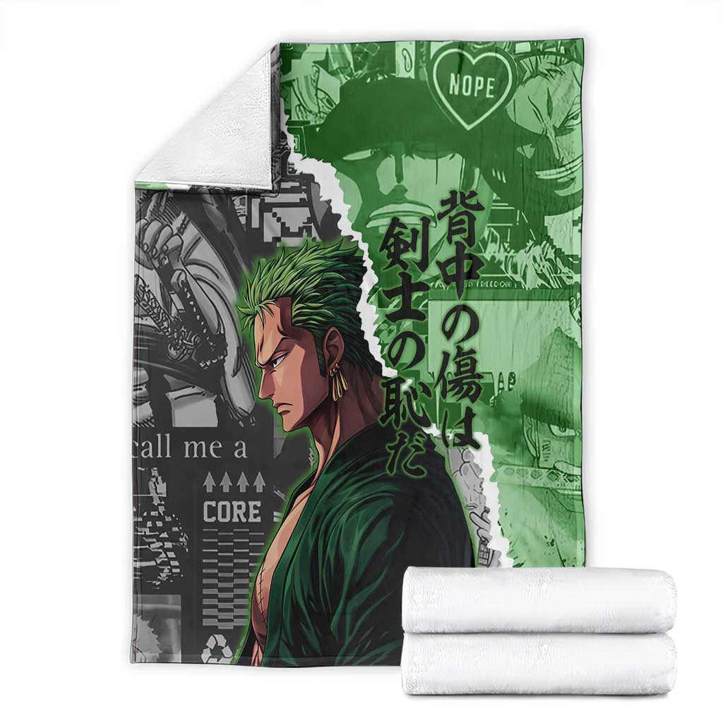 Zoro One Piece Green Theme Blanket with Manga Collage and Dual Portrait Swordmaster Design - The Mazicc