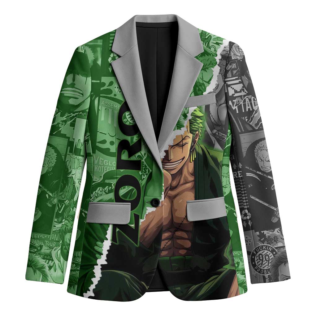 Zoro One Piece Green Theme Blazer with Manga Collage and Dual Portrait Swordmaster Design - The Mazicc