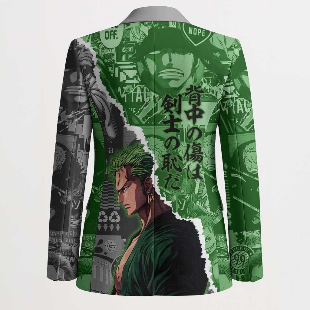 Zoro One Piece Green Theme Blazer with Manga Collage and Dual Portrait Swordmaster Design - The Mazicc