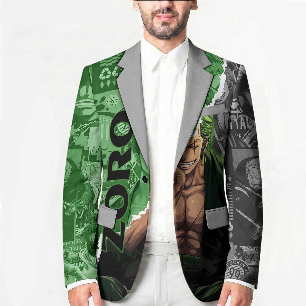 Zoro One Piece Green Theme Blazer with Manga Collage and Dual Portrait Swordmaster Design - The Mazicc