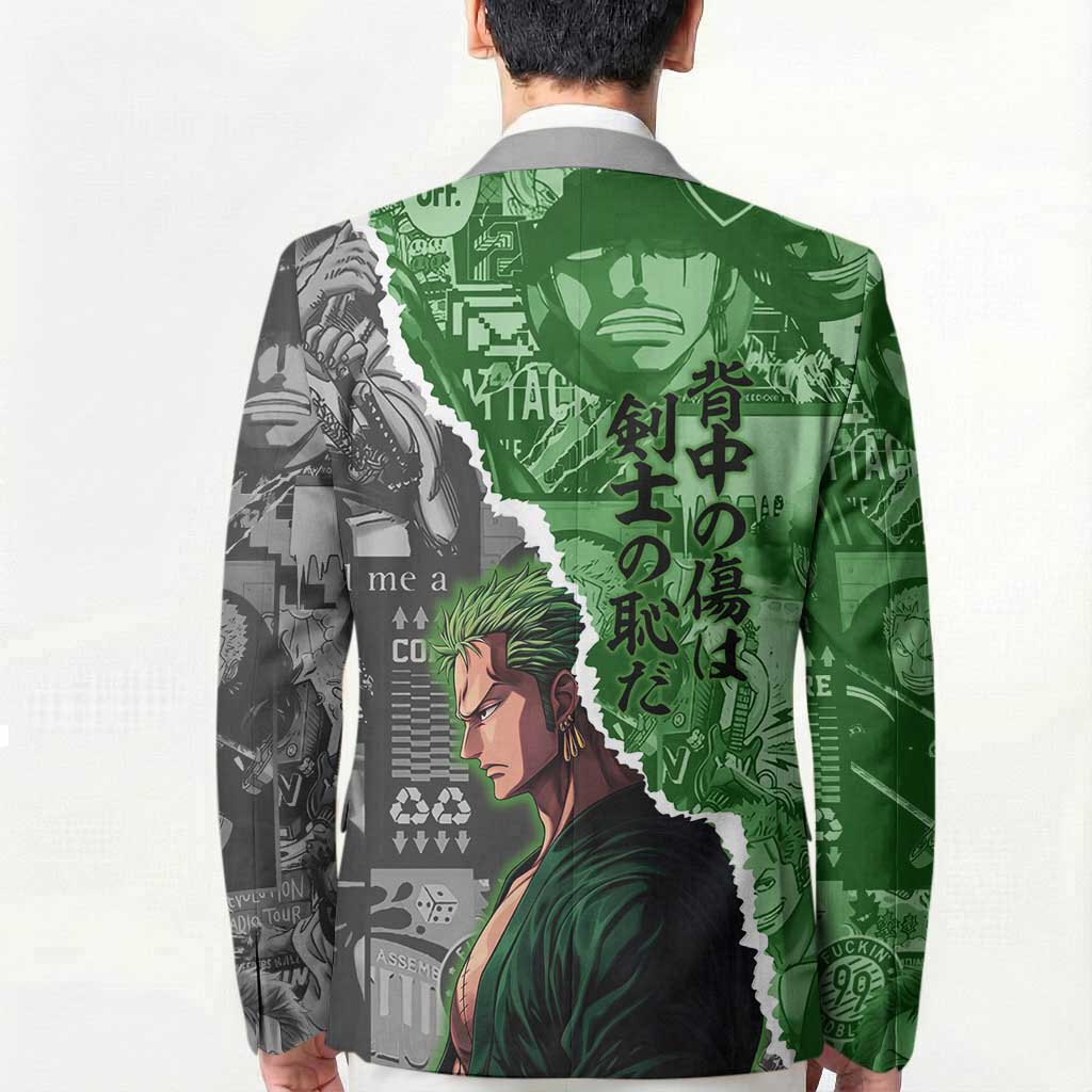 Zoro One Piece Green Theme Blazer with Manga Collage and Dual Portrait Swordmaster Design - The Mazicc