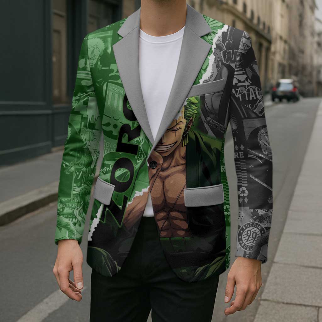 Zoro One Piece Green Theme Blazer with Manga Collage and Dual Portrait Swordmaster Design - The Mazicc