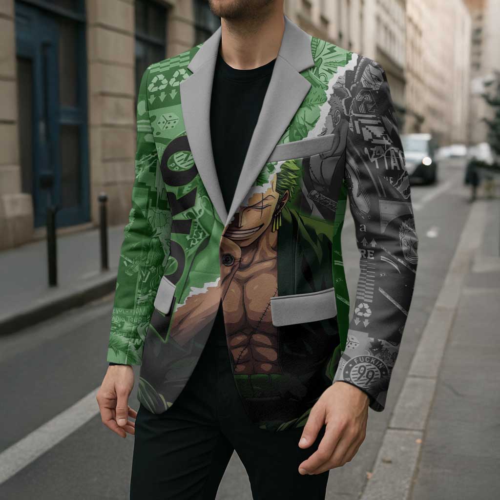 Zoro One Piece Green Theme Blazer with Manga Collage and Dual Portrait Swordmaster Design - The Mazicc