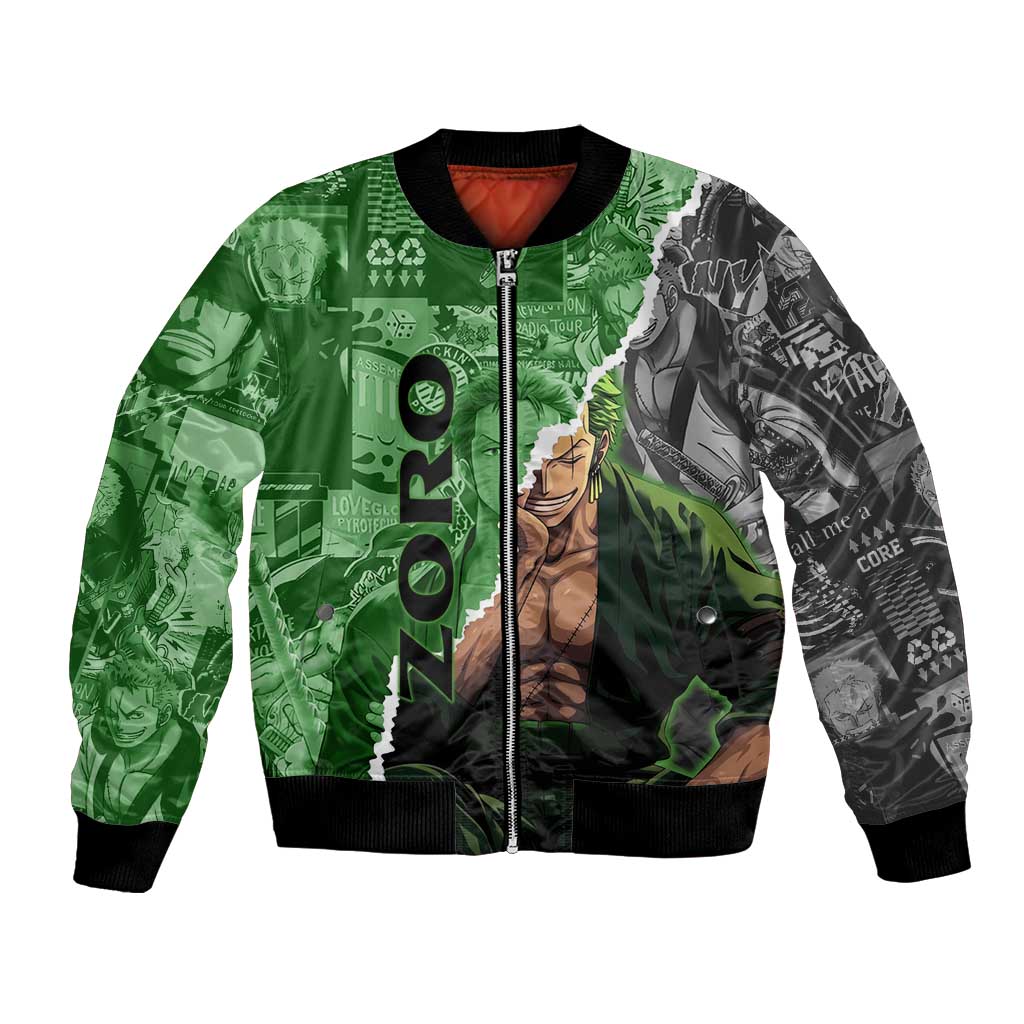 Zoro One Piece Green Theme Bomber Jacket with Manga Collage and Dual Portrait Swordmaster Design - The Mazicc