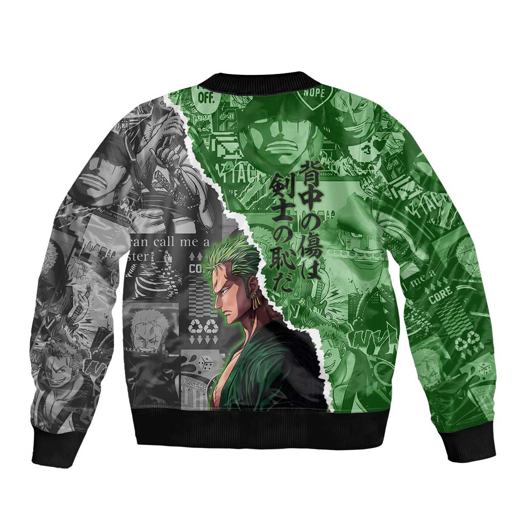 Zoro One Piece Green Theme Bomber Jacket with Manga Collage and Dual Portrait Swordmaster Design - The Mazicc