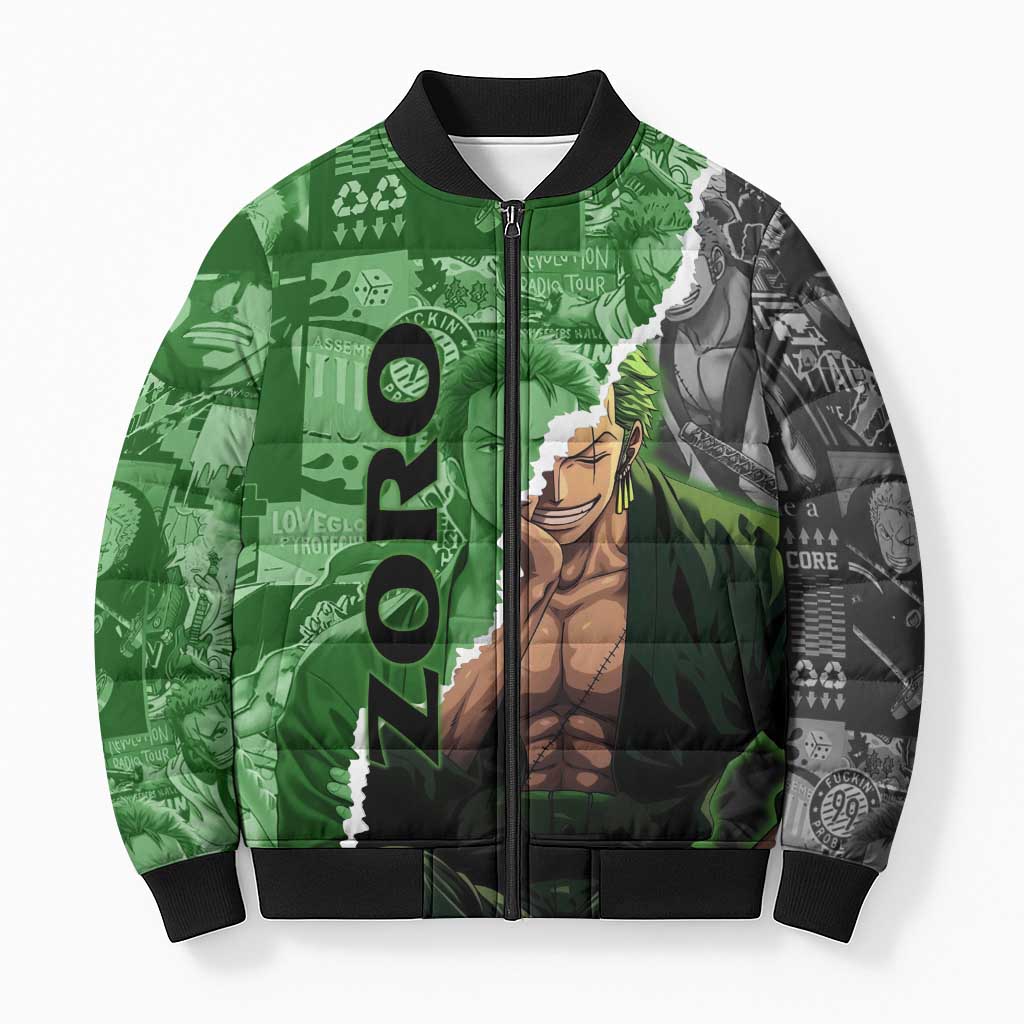 Zoro One Piece Green Theme Bomber Puffer Jacket with Manga Collage and Dual Portrait Swordmaster Design - The Mazicc