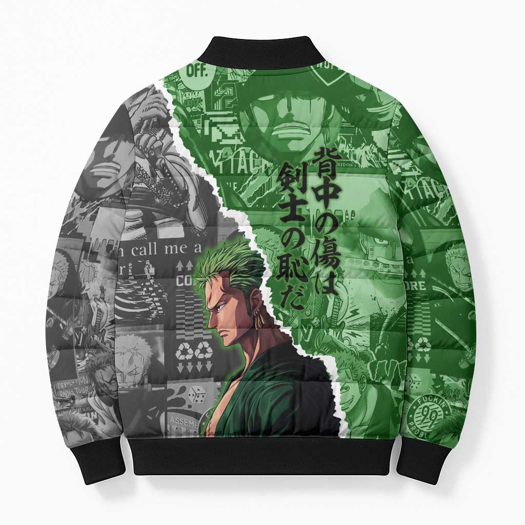 Zoro One Piece Green Theme Bomber Puffer Jacket with Manga Collage and Dual Portrait Swordmaster Design - The Mazicc