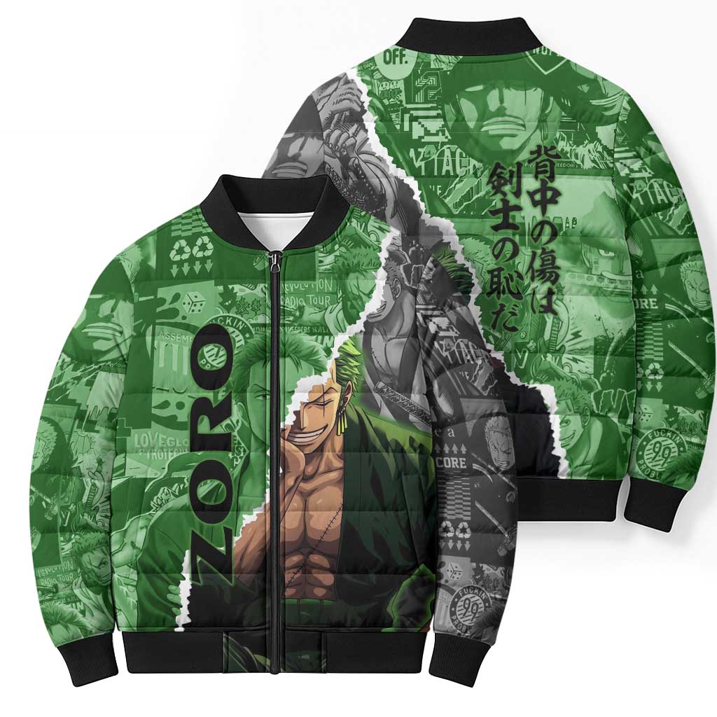 Zoro One Piece Green Theme Bomber Puffer Jacket with Manga Collage and Dual Portrait Swordmaster Design - The Mazicc