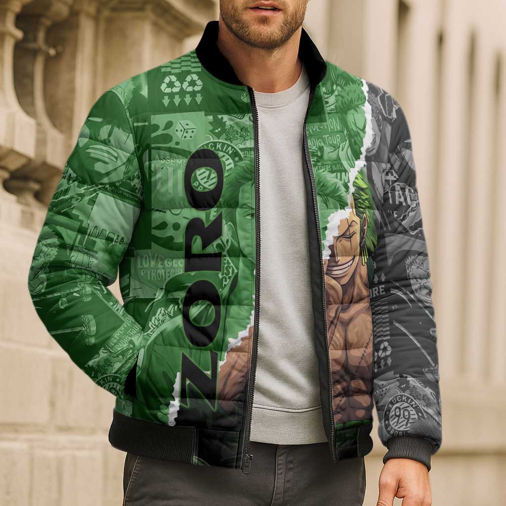 Zoro One Piece Green Theme Bomber Puffer Jacket with Manga Collage and Dual Portrait Swordmaster Design - The Mazicc