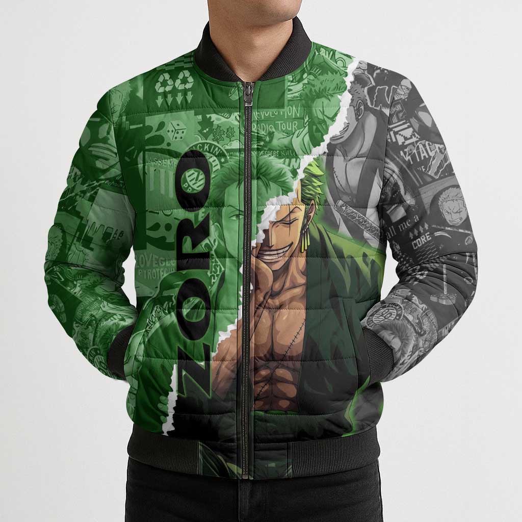 Zoro One Piece Green Theme Bomber Puffer Jacket with Manga Collage and Dual Portrait Swordmaster Design - The Mazicc