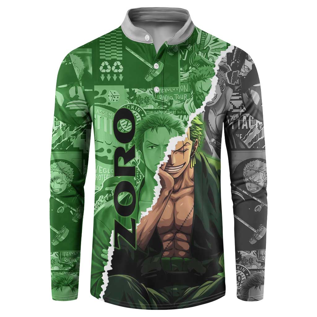 Zoro One Piece Green Theme Button Sweatshirt with Manga Collage and Dual Portrait Swordmaster Design - The Mazicc