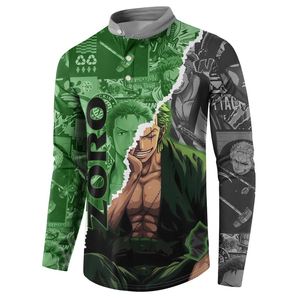 Zoro One Piece Green Theme Button Sweatshirt with Manga Collage and Dual Portrait Swordmaster Design - The Mazicc