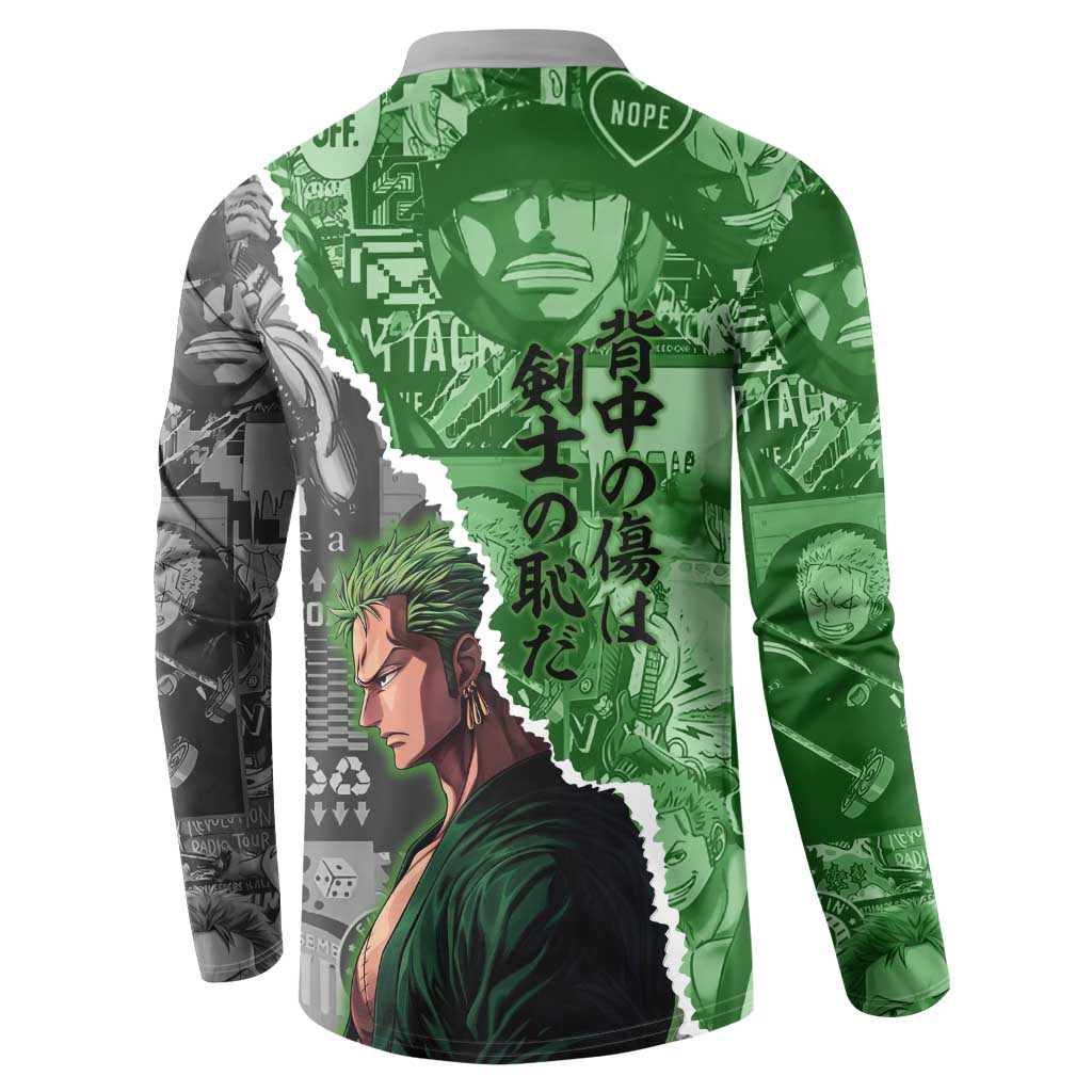 Zoro One Piece Green Theme Button Sweatshirt with Manga Collage and Dual Portrait Swordmaster Design - The Mazicc