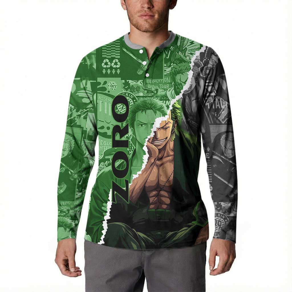 Zoro One Piece Green Theme Button Sweatshirt with Manga Collage and Dual Portrait Swordmaster Design - The Mazicc