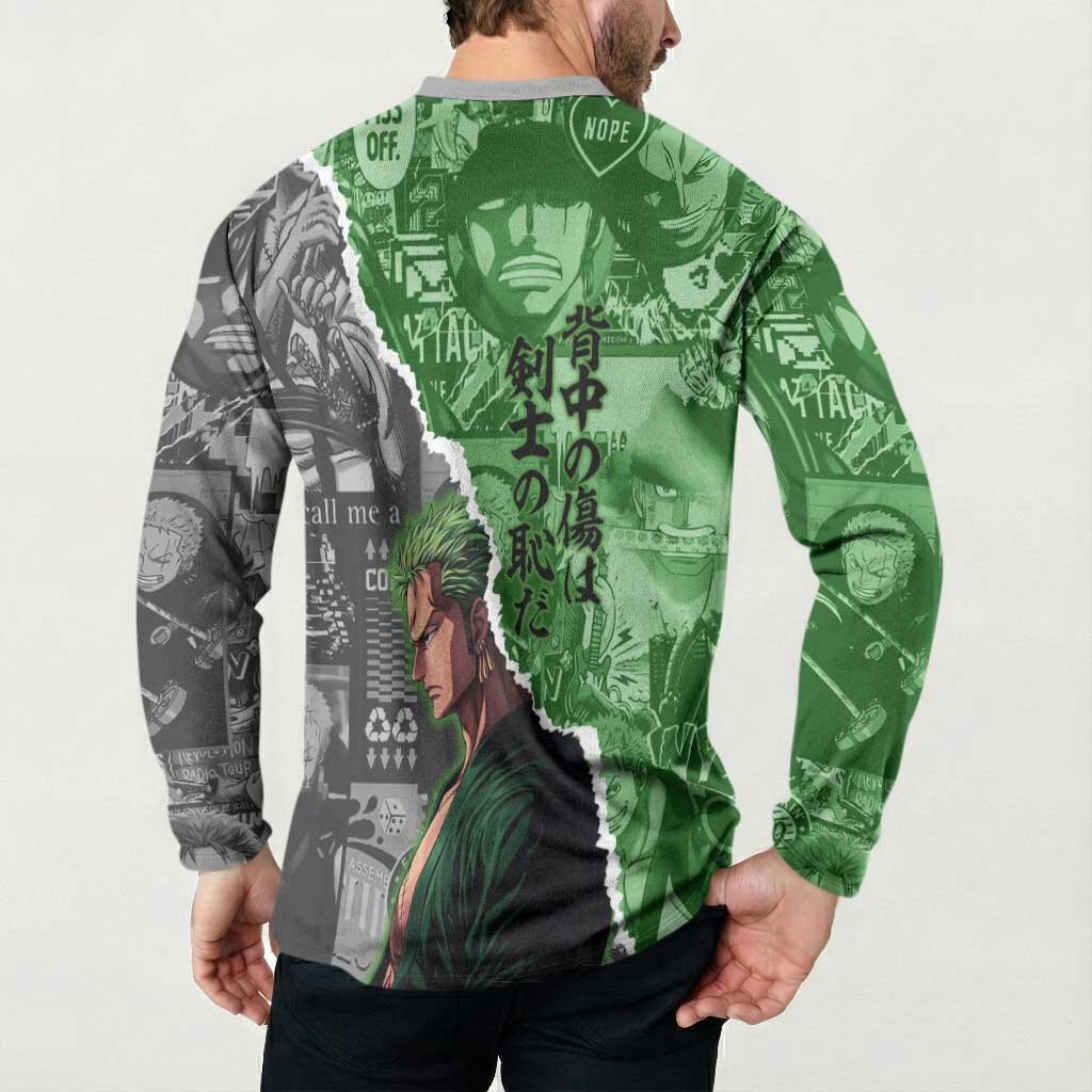 Zoro One Piece Green Theme Button Sweatshirt with Manga Collage and Dual Portrait Swordmaster Design - The Mazicc