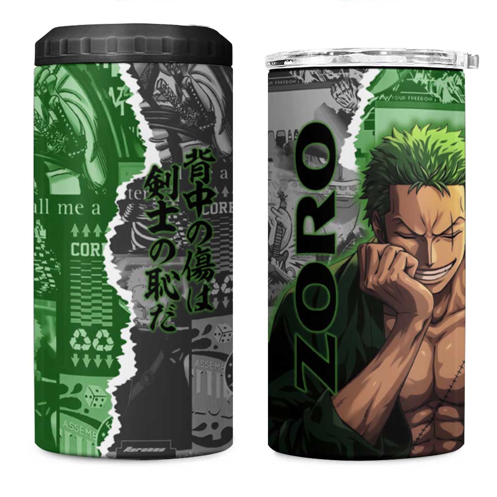 Zoro One Piece Green Theme 4 in 1 Can Cooler Tumbler with Manga Collage and Dual Portrait Swordmaster Design - The Mazicc