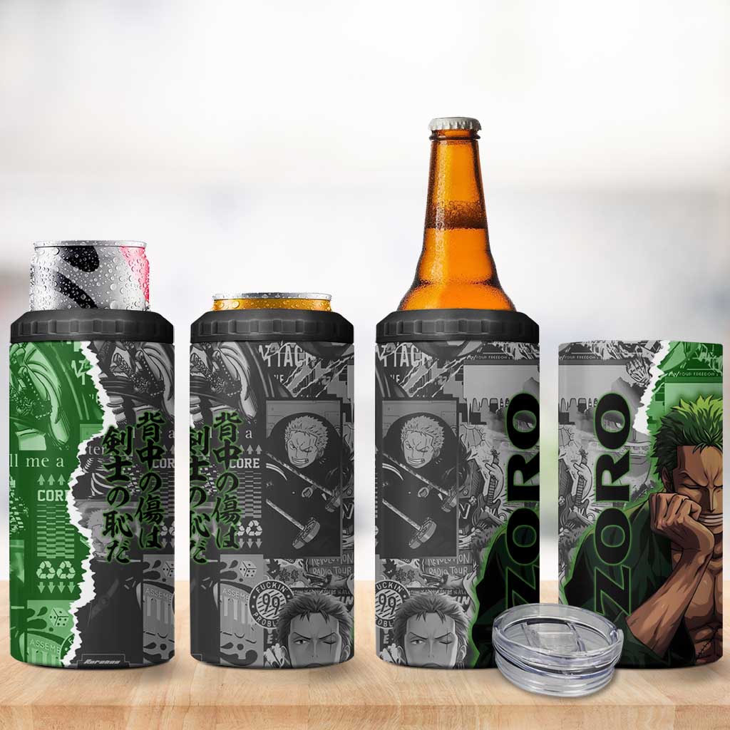 Zoro One Piece Green Theme 4 in 1 Can Cooler Tumbler with Manga Collage and Dual Portrait Swordmaster Design - The Mazicc
