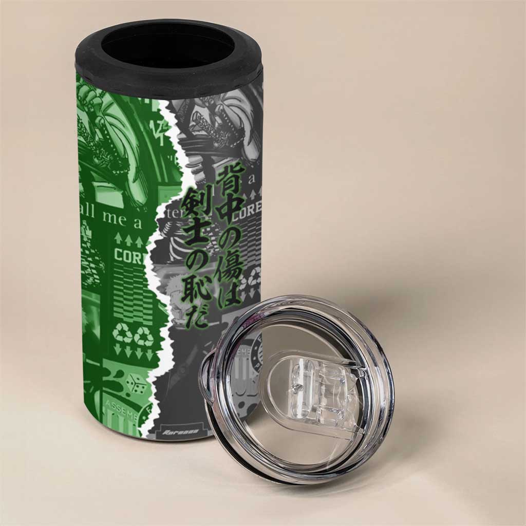 Zoro One Piece Green Theme 4 in 1 Can Cooler Tumbler with Manga Collage and Dual Portrait Swordmaster Design - The Mazicc