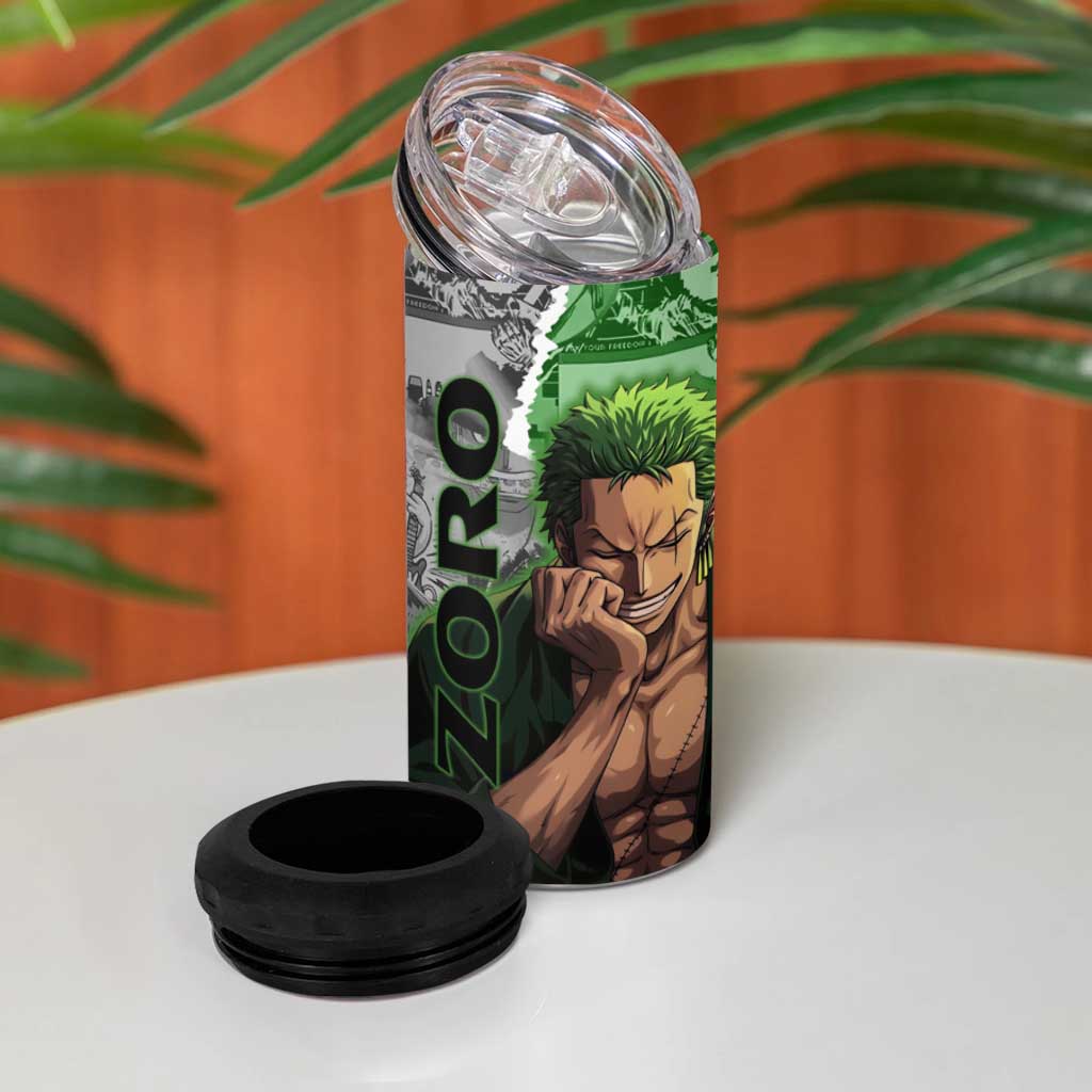 Zoro One Piece Green Theme 4 in 1 Can Cooler Tumbler with Manga Collage and Dual Portrait Swordmaster Design - The Mazicc