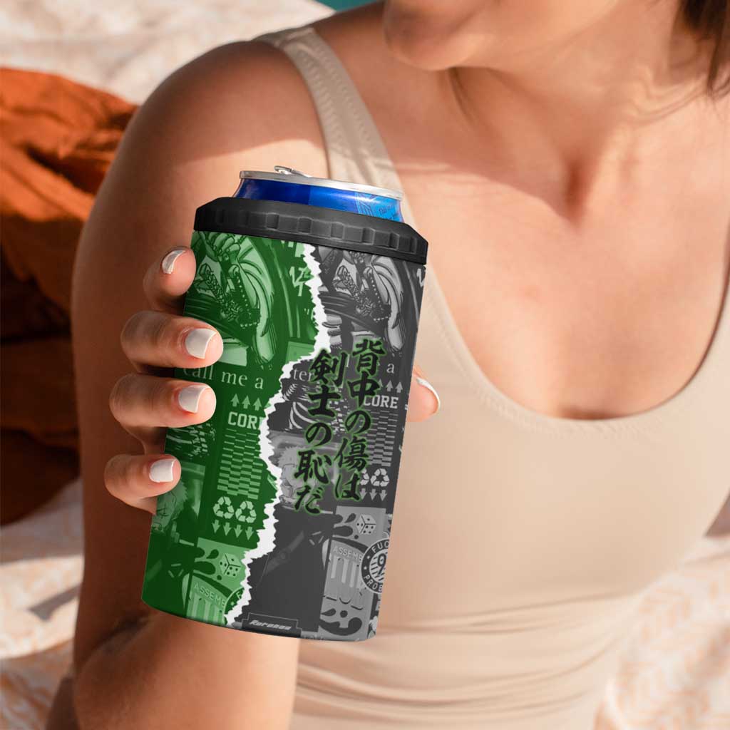 Zoro One Piece Green Theme 4 in 1 Can Cooler Tumbler with Manga Collage and Dual Portrait Swordmaster Design - The Mazicc