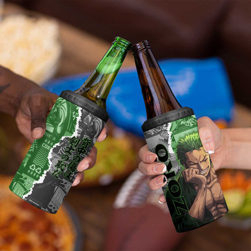 Zoro One Piece Green Theme 4 in 1 Can Cooler Tumbler with Manga Collage and Dual Portrait Swordmaster Design - The Mazicc